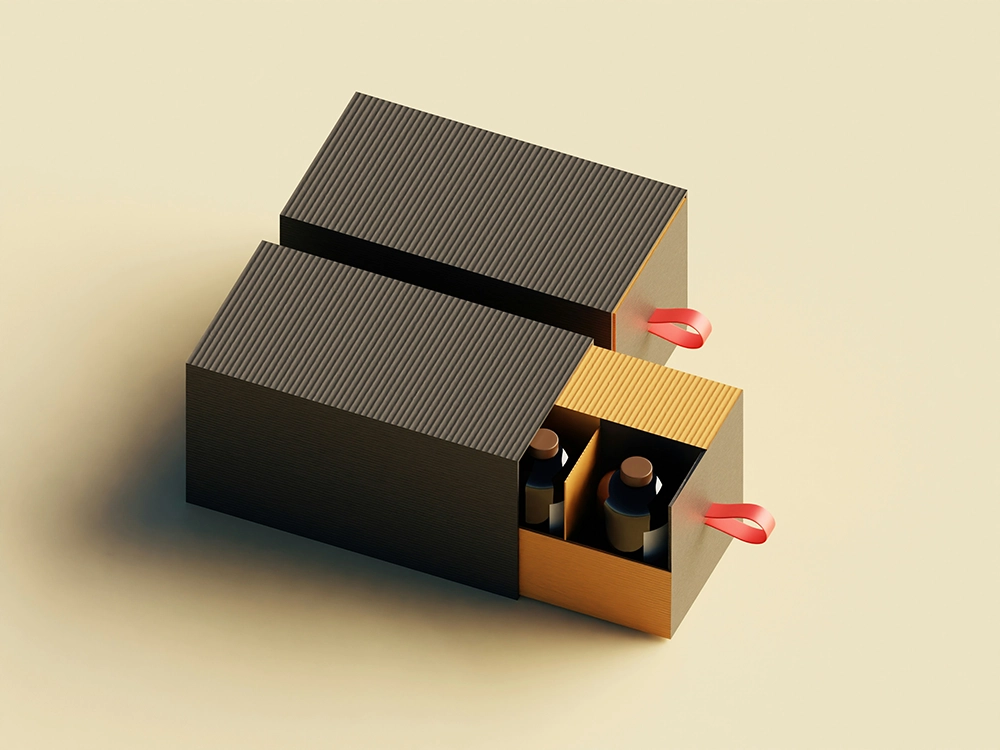 Zwei elegante Geschenkboxen mit Schiebefach und roten Bändern.